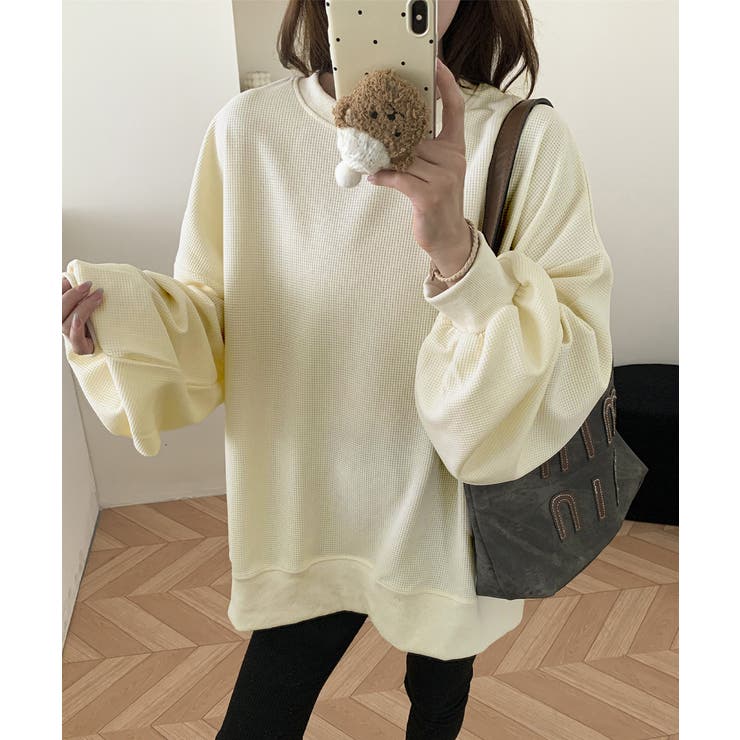 ゆったりクルーネック長袖ワッフルトップスビッグシルエット無地レディース韓国風カジ… | SUNSHINE CLOSET | 詳細画像11 