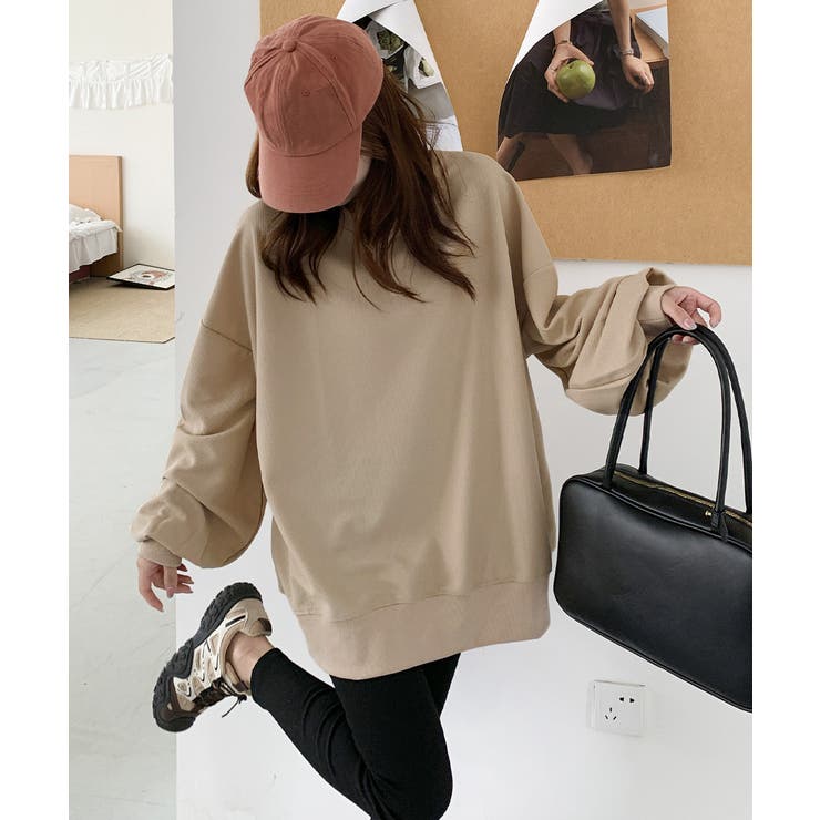 ゆったりクルーネック長袖ワッフルトップスビッグシルエット無地レディース韓国風カジ… | SUNSHINE CLOSET | 詳細画像12 