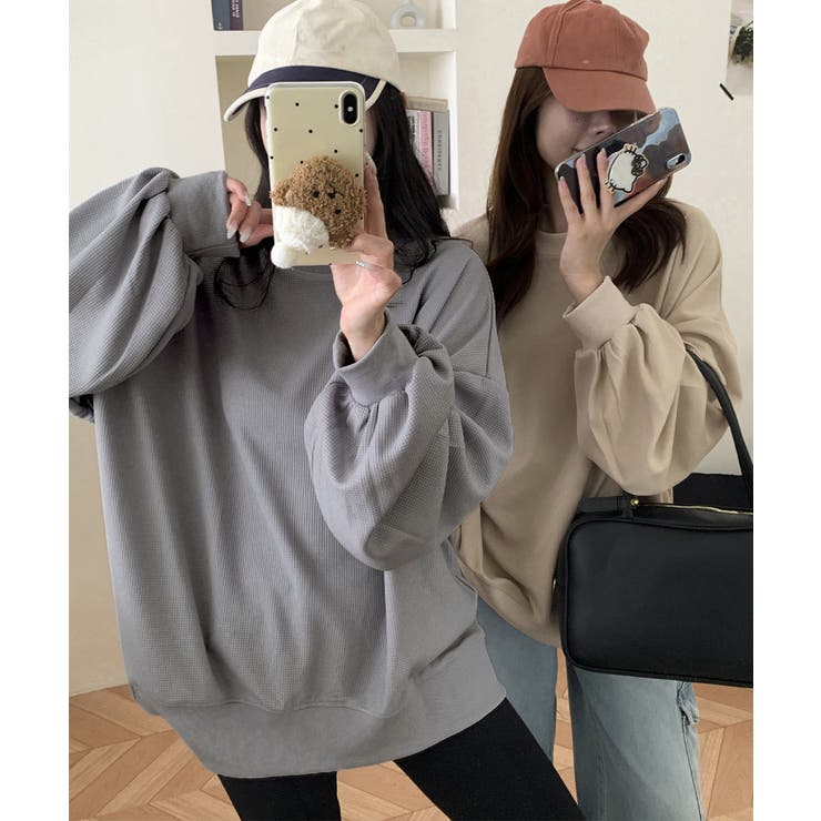 ゆったりクルーネック長袖ワッフルトップスビッグシルエット無地レディース韓国風カジ… | SUNSHINE CLOSET | 詳細画像14 