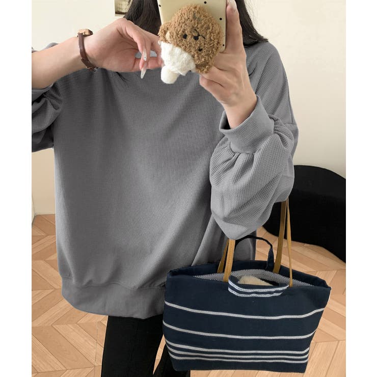 ゆったりクルーネック長袖ワッフルトップスビッグシルエット無地レディース韓国風カジ… | SUNSHINE CLOSET | 詳細画像15 