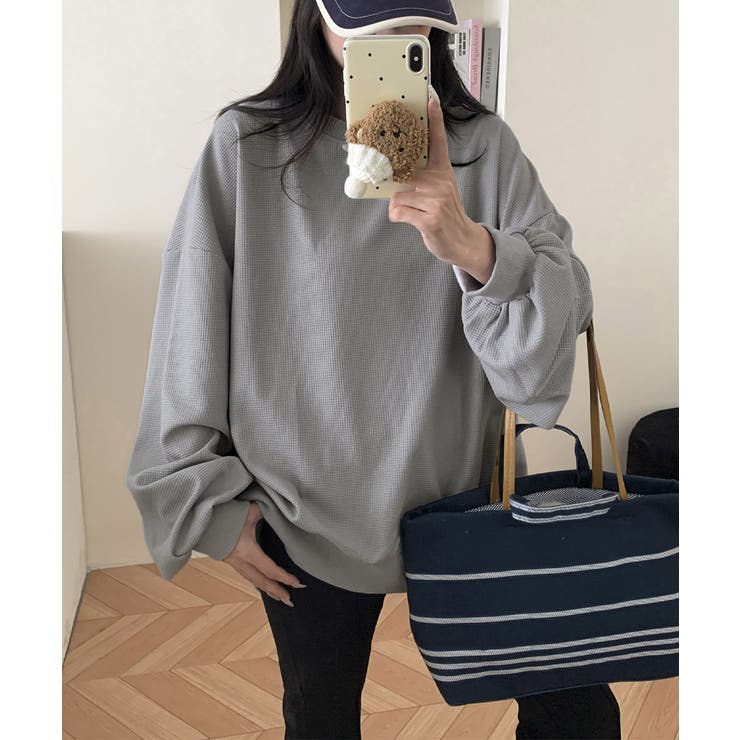ゆったりクルーネック長袖ワッフルトップスビッグシルエット無地レディース韓国風カジ… | SUNSHINE CLOSET | 詳細画像16 