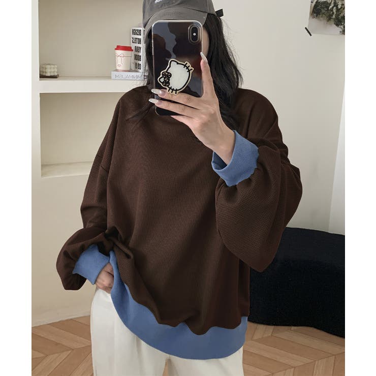 ゆったりクルーネック長袖ワッフルトップスビッグシルエット無地レディース韓国風カジ… | SUNSHINE CLOSET | 詳細画像17 