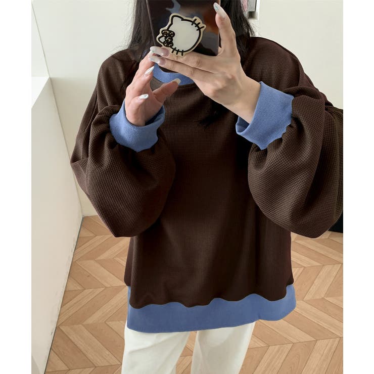 ゆったりクルーネック長袖ワッフルトップスビッグシルエット無地レディース韓国風カジ… | SUNSHINE CLOSET | 詳細画像18 