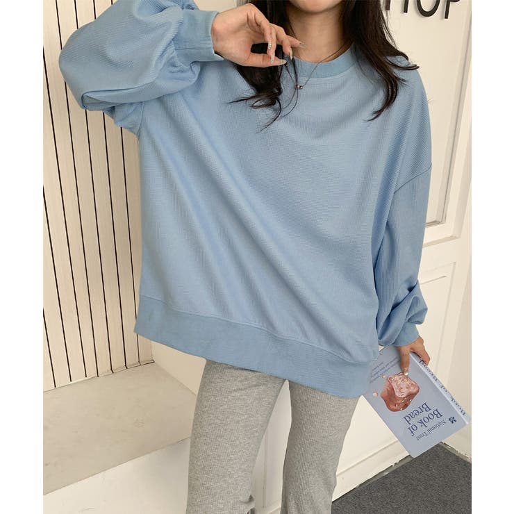 ゆったりクルーネック長袖ワッフルトップスビッグシルエット無地レディース韓国風カジ… | SUNSHINE CLOSET | 詳細画像19 