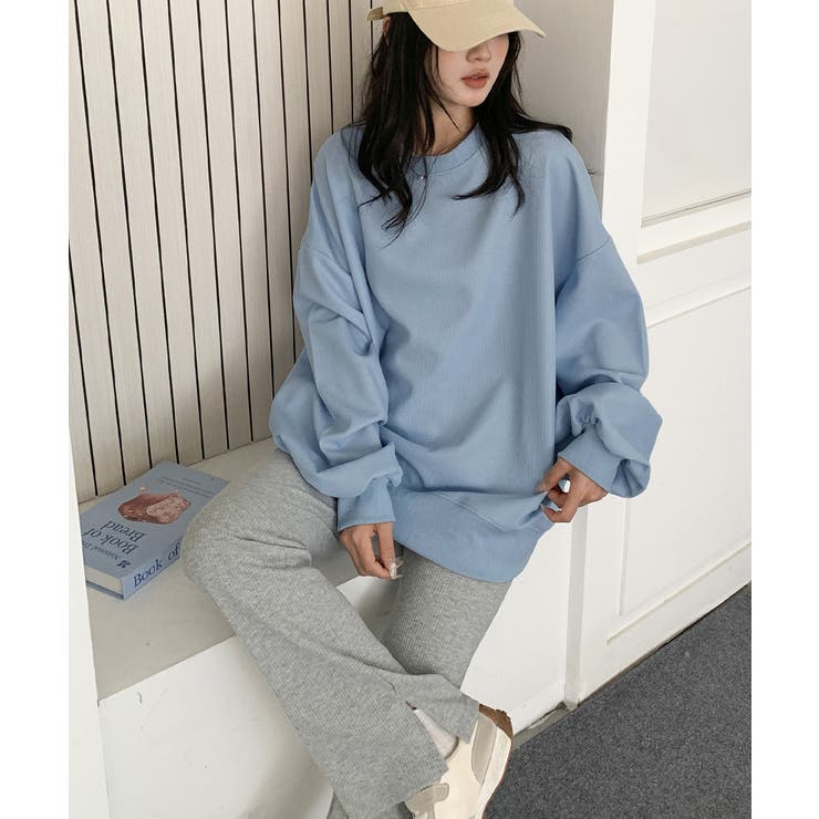 ゆったりクルーネック長袖ワッフルトップスビッグシルエット無地レディース韓国風カジ… | SUNSHINE CLOSET | 詳細画像21 