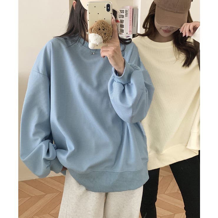 ゆったりクルーネック長袖ワッフルトップスビッグシルエット無地レディース韓国風カジ… | SUNSHINE CLOSET | 詳細画像22 