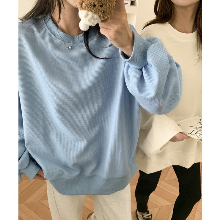 ゆったりクルーネック長袖ワッフルトップスビッグシルエット無地レディース韓国風カジ… | SUNSHINE CLOSET | 詳細画像23 