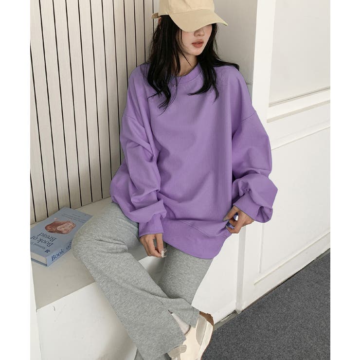 ゆったりクルーネック長袖ワッフルトップスビッグシルエット無地レディース韓国風カジ… | SUNSHINE CLOSET | 詳細画像24 