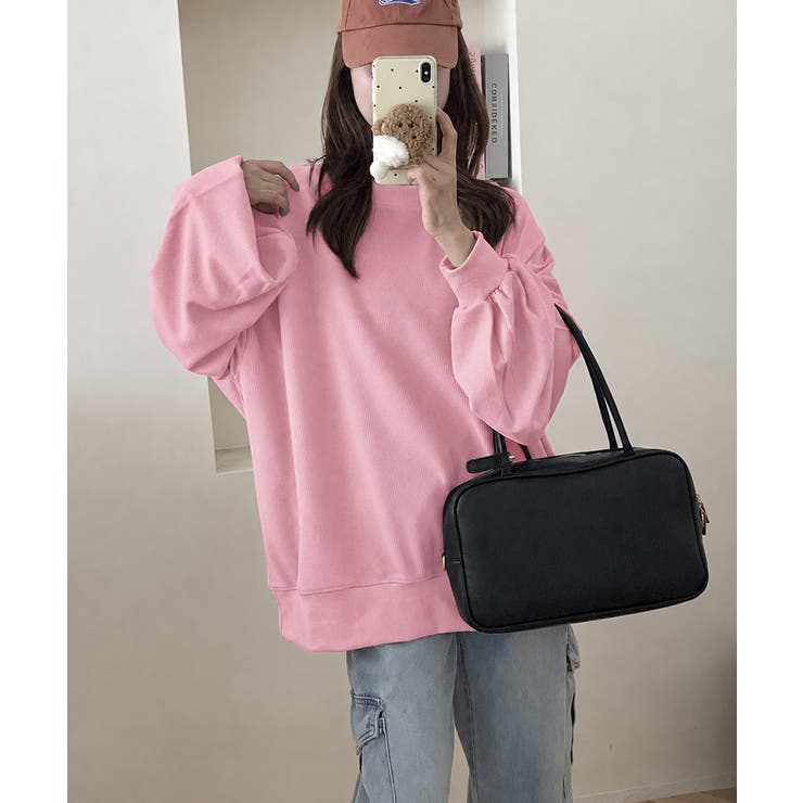 ゆったりクルーネック長袖ワッフルトップスビッグシルエット無地レディース韓国風カジ… | SUNSHINE CLOSET | 詳細画像27 