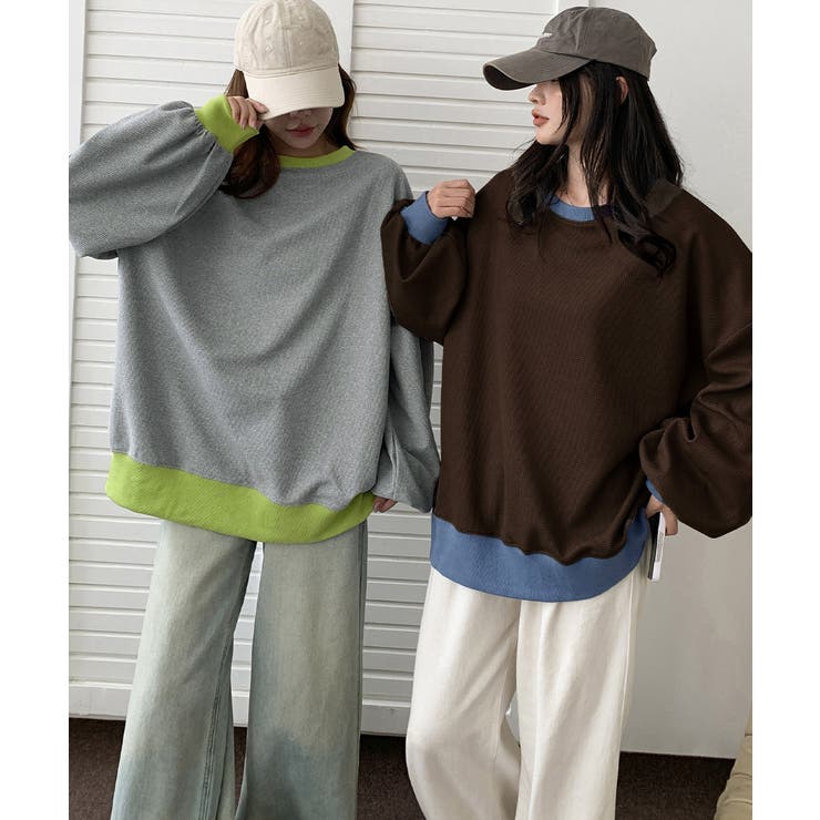 ゆったりクルーネック長袖ワッフルトップスビッグシルエット無地レディース韓国風カジ… | SUNSHINE CLOSET | 詳細画像5 