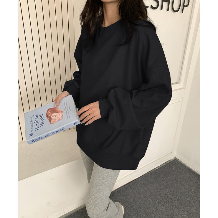 ゆったりクルーネック長袖ワッフルトップスビッグシルエット無地レディース韓国風カジ… | SUNSHINE CLOSET | 詳細画像7 