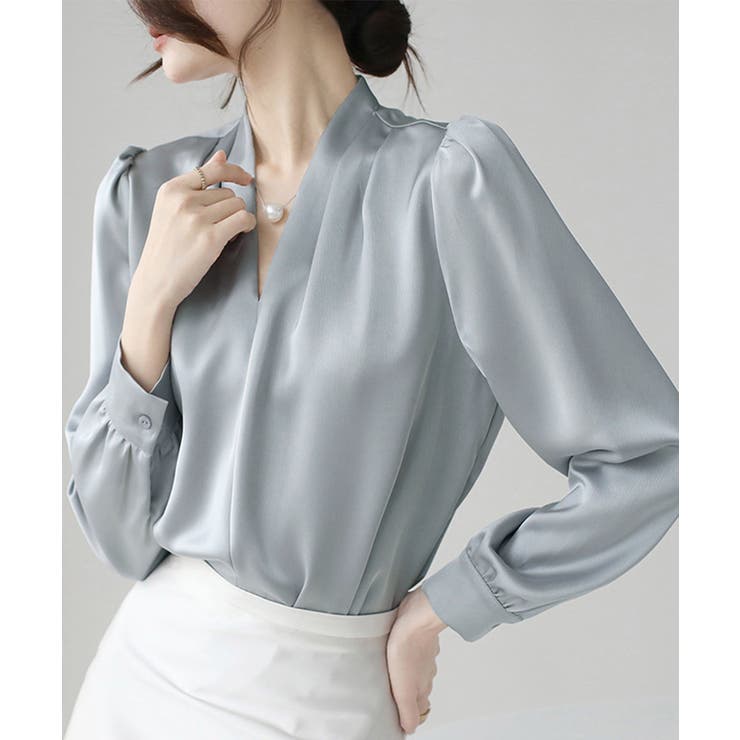 サテン風シャツブラウス Vネックトップス | SUNSHINE CLOSET | 詳細画像1 