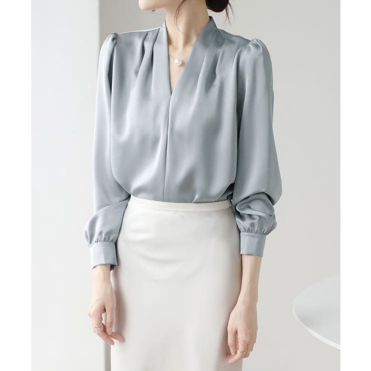 サテン風シャツブラウス Vネックトップス | SUNSHINE CLOSET | 詳細画像2 