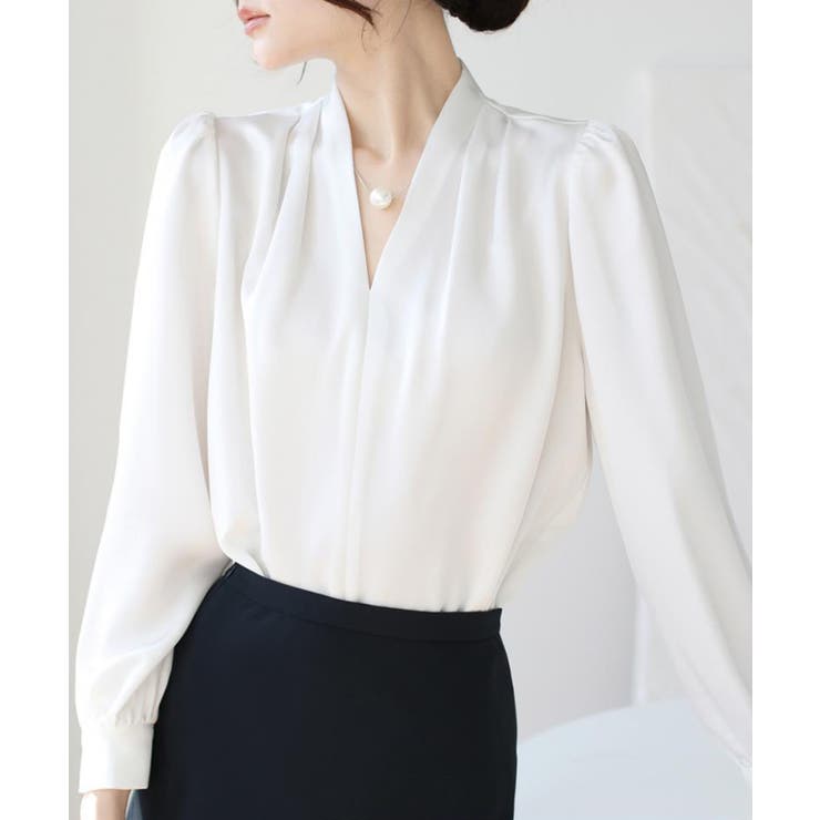 サテン風シャツブラウス Vネックトップス | SUNSHINE CLOSET | 詳細画像6 