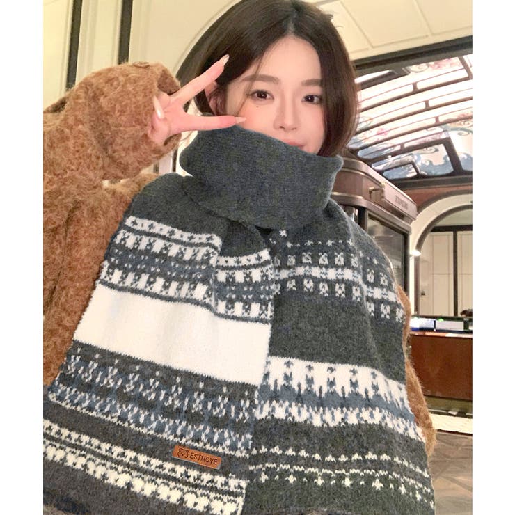 北欧風ジャガードロングマフラー秋冬レディース首元防寒ショール 大人可愛いボリュー… | SUNSHINE CLOSET | 詳細画像4 
