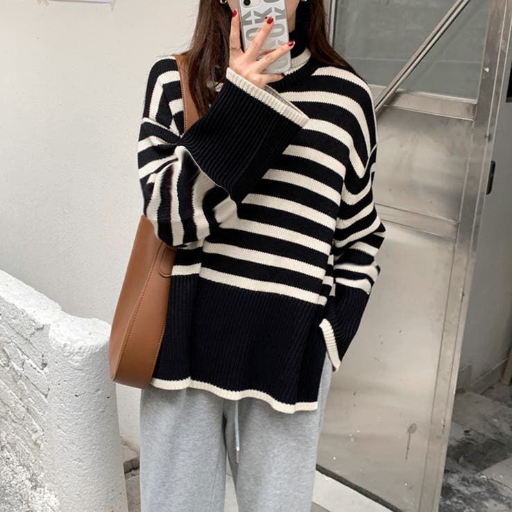 タートルボーダーニット タートルネックボーダーニットトップス冬服[品番：AGCW0005244