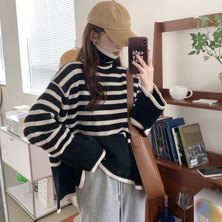 タートルボーダーニット タートルネックボーダーニットトップス冬服[品番：AGCW0005244