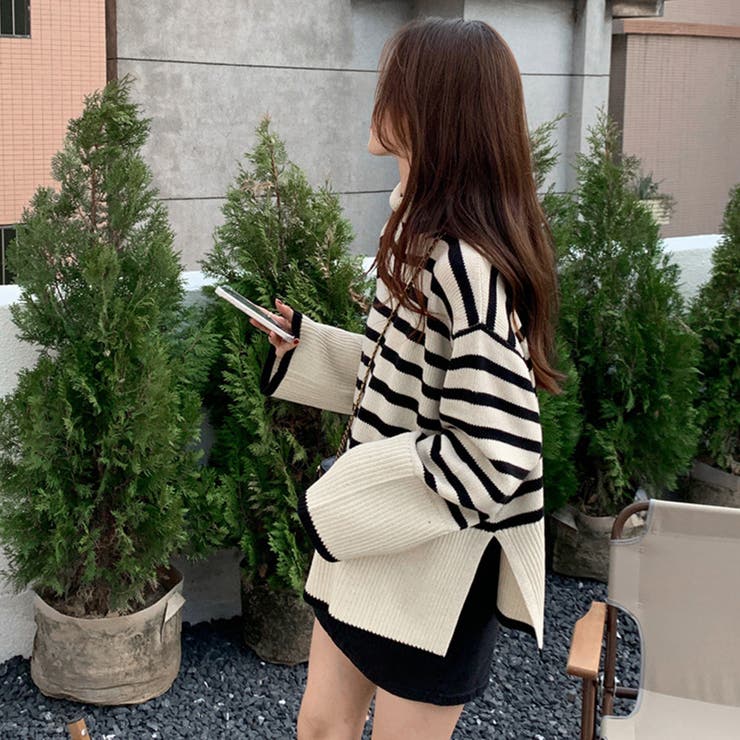 タートルネックボーダーニットトップス冬服 タートルネックボーダーニットトップス冬服[品番：AGCW0005244