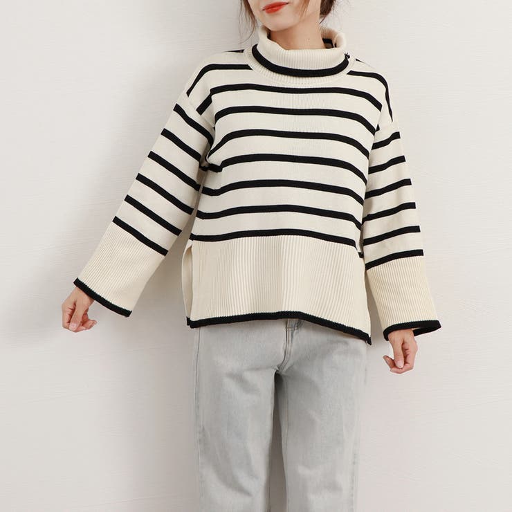 タートルネックボーダーニットトップス冬服 タートルネックボーダーニットトップス冬服[品番：AGCW0005244