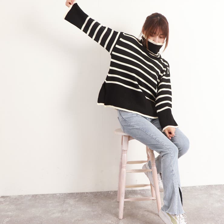 タートルネックボーダーニットトップス冬服 タートルネックボーダーニットトップス冬服[品番：AGCW0005244