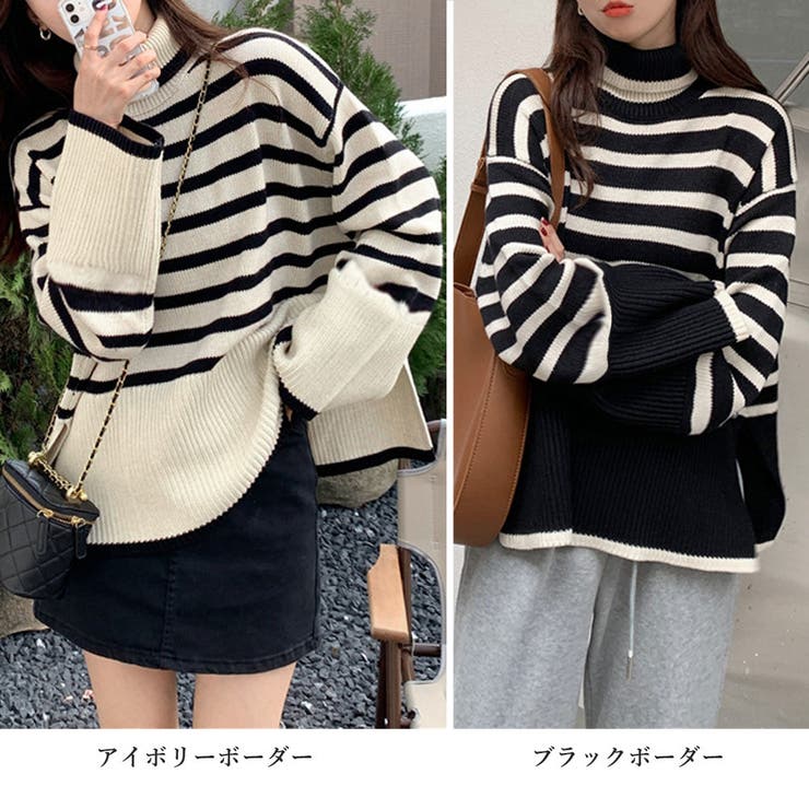 タートルネックボーダーニットトップス冬服 タートルネックボーダーニットトップス冬服[品番：AGCW0005244