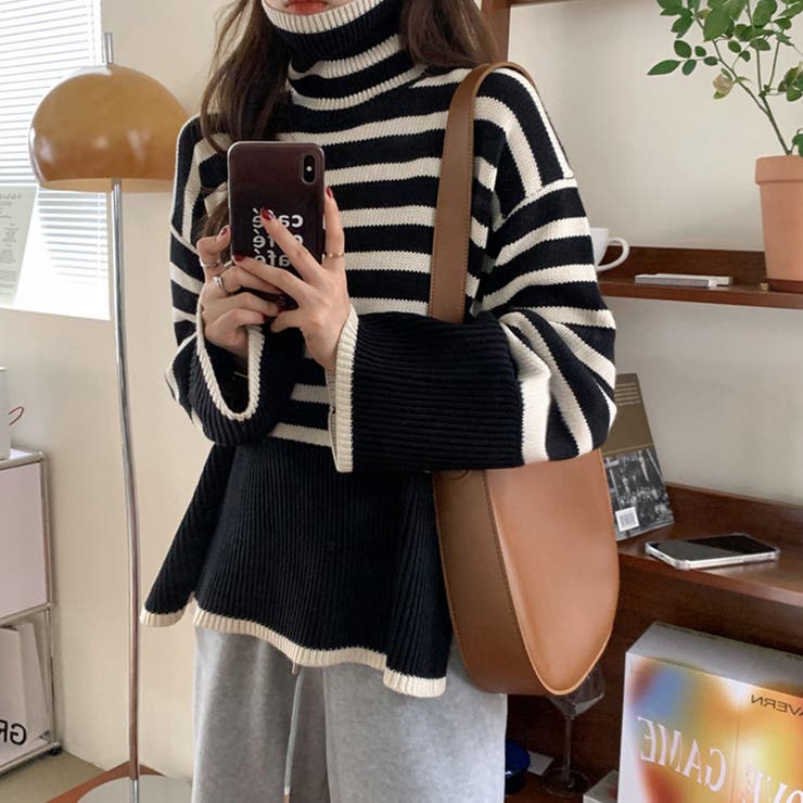 タートルネックボーダーニットトップス冬服 タートルネックボーダーニットトップス冬服[品番：AGCW0005244