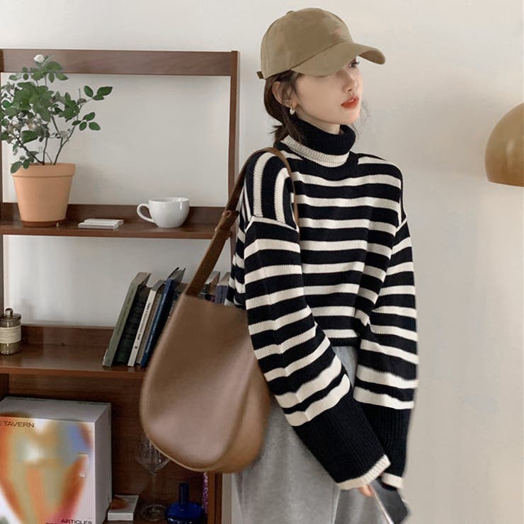 タートルネックボーダーニットトップス冬服 タートルネックボーダーニットトップス冬服[品番：AGCW0005244