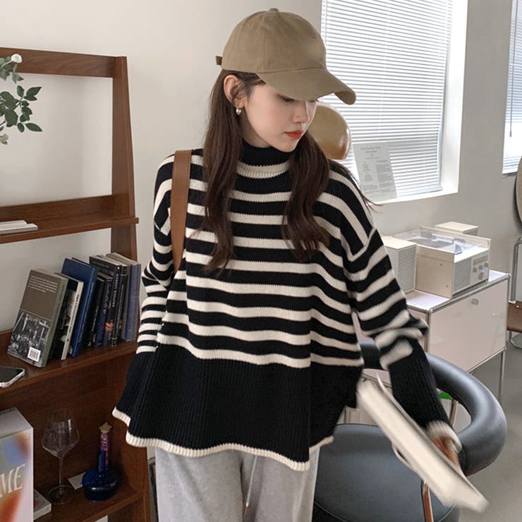 タートルネックボーダーニットトップス冬服[品番：AGCW0005244