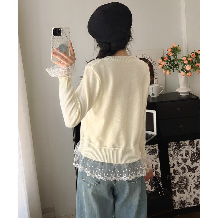 レース切り替えニットカーディガン長袖秋冬 | SUNSHINE CLOSET | 詳細画像10