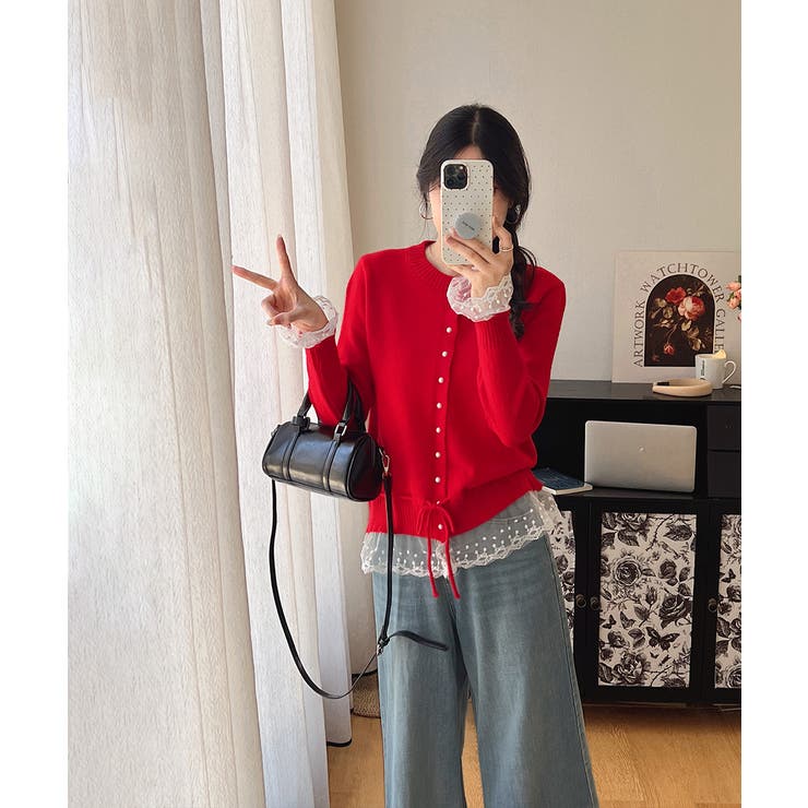 レース切り替えニットカーディガン長袖秋冬 | SUNSHINE CLOSET | 詳細画像17