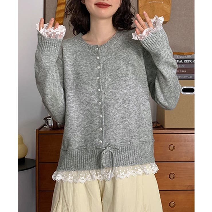 レース切り替えニットカーディガン長袖秋冬 | SUNSHINE CLOSET | 詳細画像2