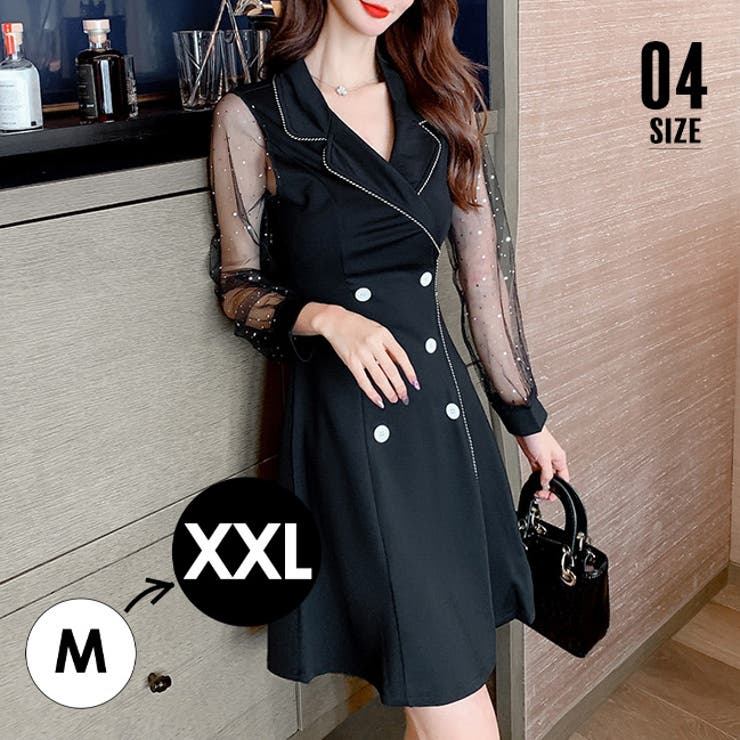 ワンピース 黒 チュール袖ミニワンピース[品番：AGCW0002877