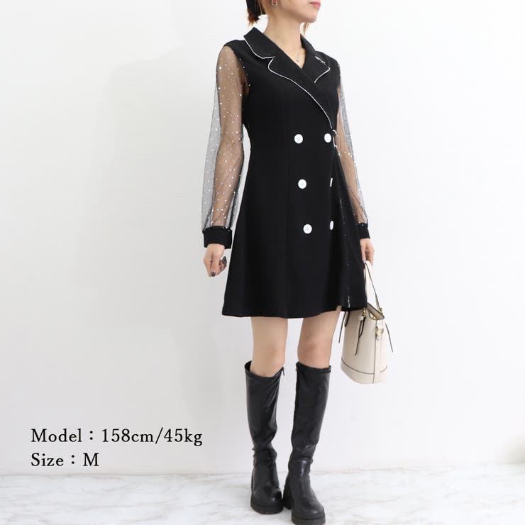 ワンピース 黒 チュール袖ミニワンピース[品番：AGCW0002877