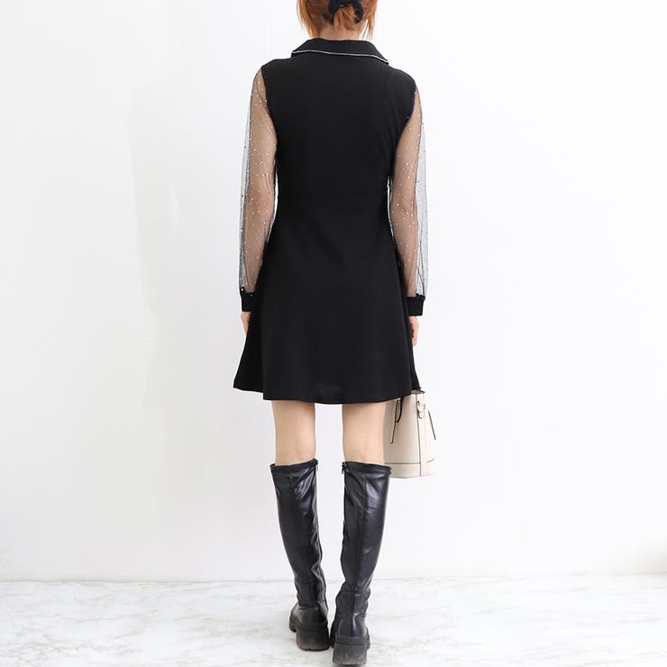 ワンピース 黒 チュール袖ミニワンピース[品番：AGCW0002877