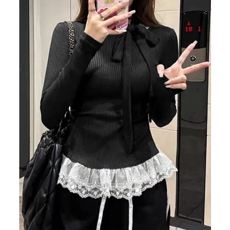 リボンネックニット 裾レースカットソー秋 | SUNSHINE CLOSET | 詳細画像3 