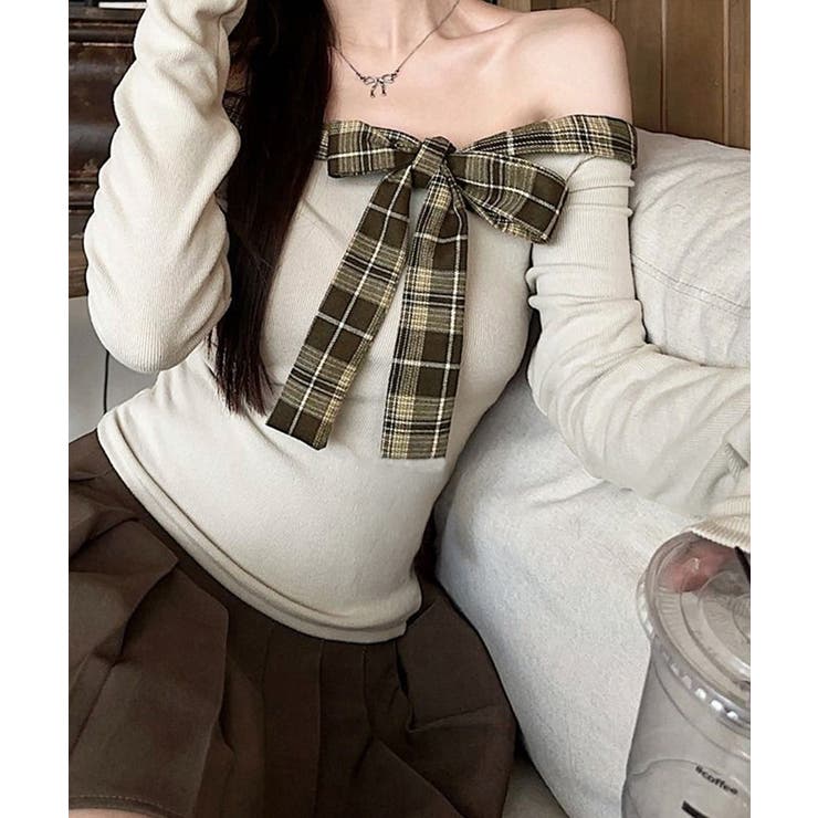 オフショルダー長袖Tシャツチェックリボン | SUNSHINE CLOSET | 詳細画像11 