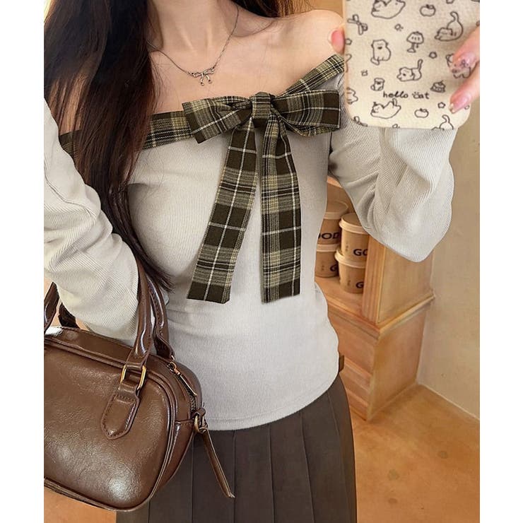 オフショルダー長袖Tシャツチェックリボン | SUNSHINE CLOSET | 詳細画像12 