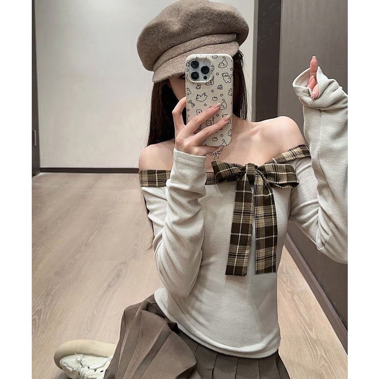オフショルダー長袖Tシャツチェックリボン | SUNSHINE CLOSET | 詳細画像14 
