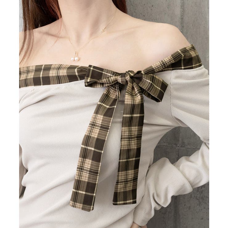 オフショルダー長袖Tシャツチェックリボン | SUNSHINE CLOSET | 詳細画像19 