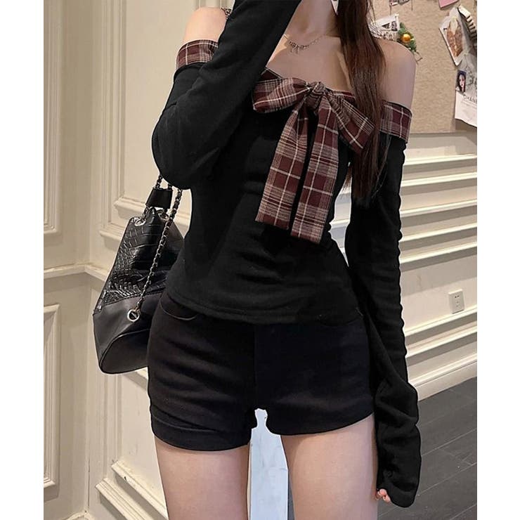 オフショルダー長袖Tシャツチェックリボン | SUNSHINE CLOSET | 詳細画像4 