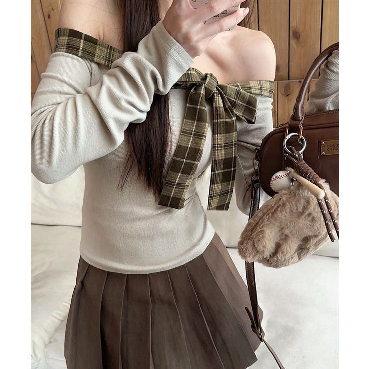 オフショルダー長袖Tシャツチェックリボン | SUNSHINE CLOSET | 詳細画像5 