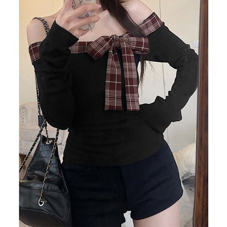 オフショルダー長袖Tシャツチェックリボン | SUNSHINE CLOSET | 詳細画像8 