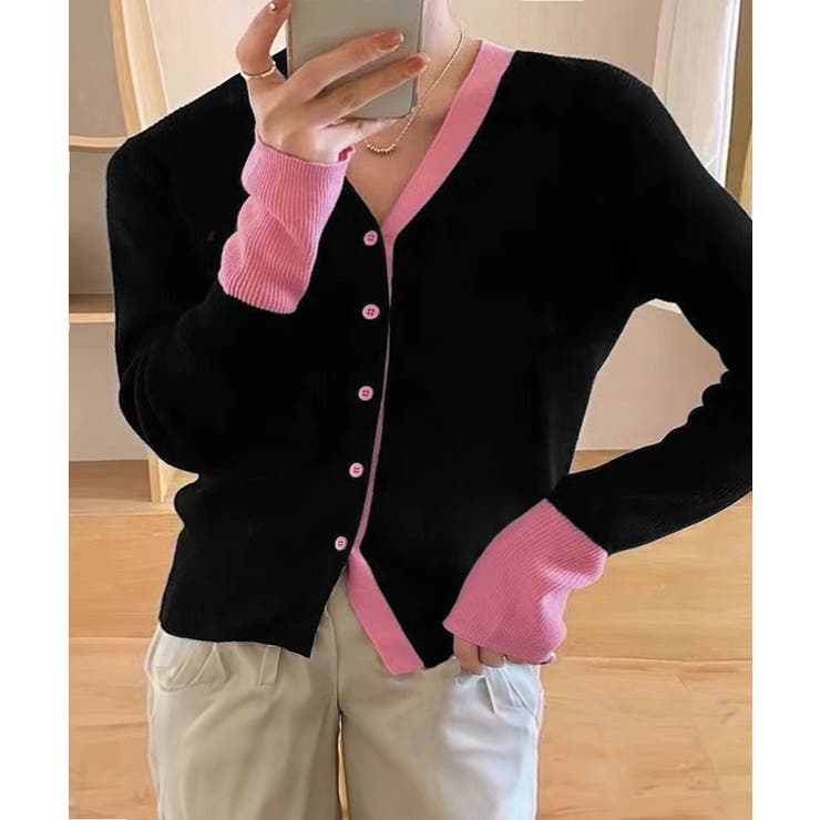 バイカラーニットカーディガンレイヤード風[品番：AGCW0006885