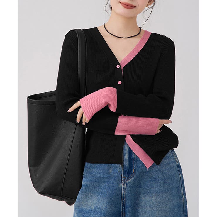 24AWツインレイヤードニットカーディガンブラック SET]ステッチVネックニットカーディガン+裾レースサテンナロー