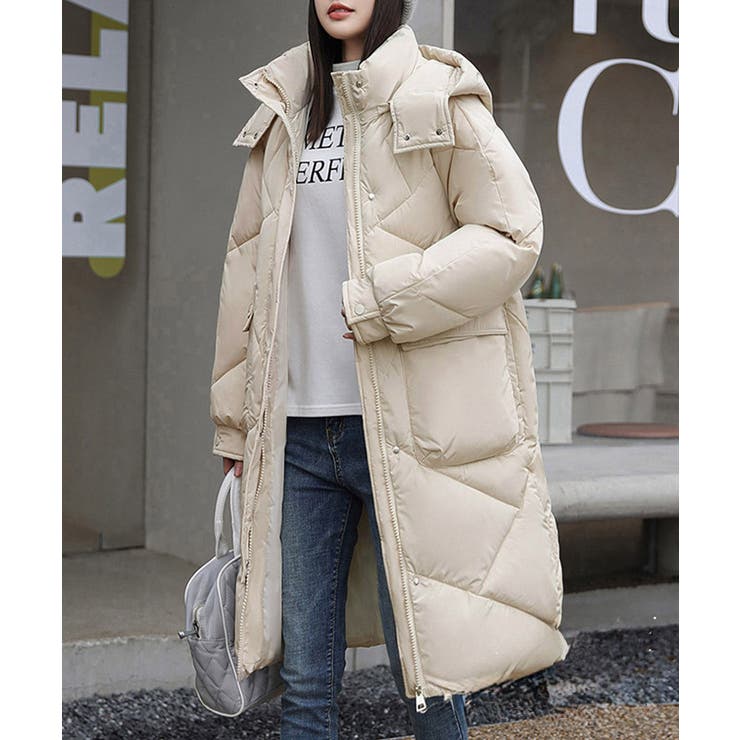 【ベージュ/ワンサイズ（L）】 フェイクダウンコート ロング 中綿コード フェイクダウンコート ロング 中綿コード[品番：AGCW0005098
