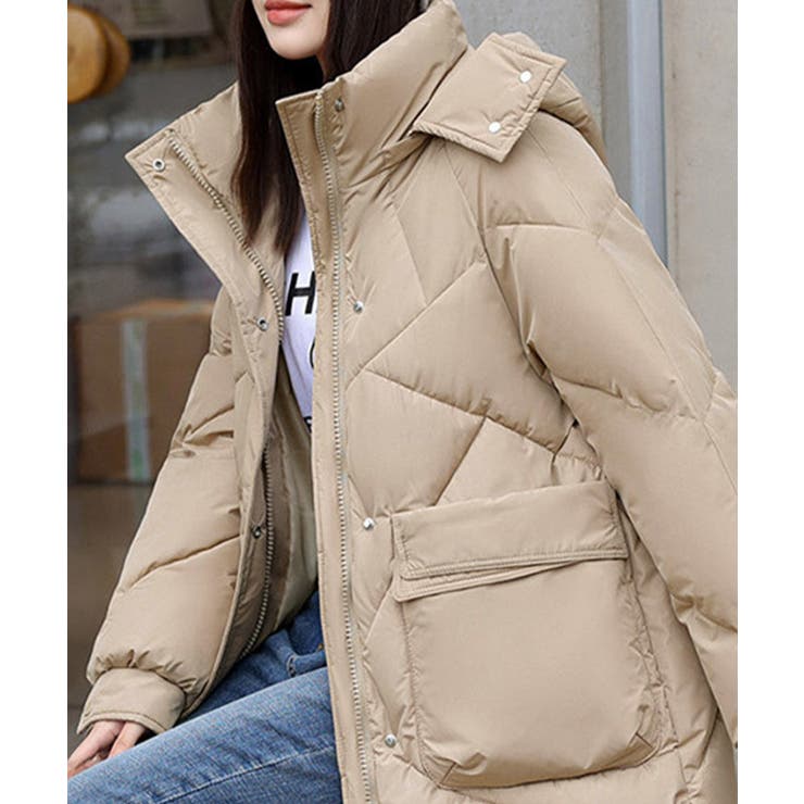 【ベージュ/ワンサイズ（L）】 フェイクダウンコート ロング 中綿コード フェイクダウンコート ロング 中綿コード[品番：AGCW0005098