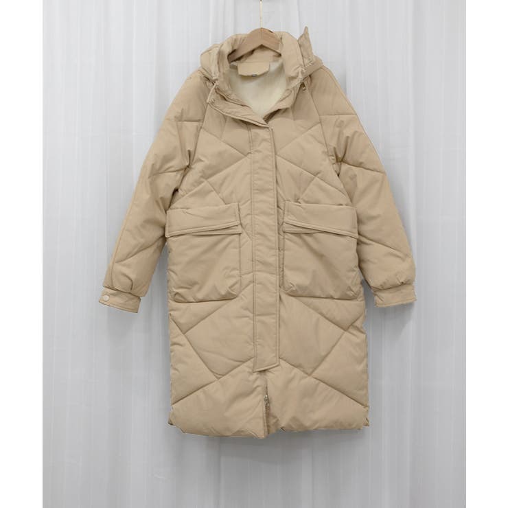 【ベージュ/ワンサイズ（L）】 フェイクダウンコート ロング 中綿コード ベージュ/ワンサイズ（L）】 フェイクダウンコート ロング 中綿