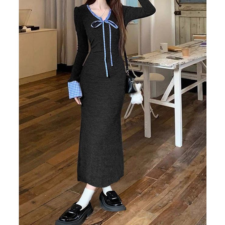 配色リボンニットマーメイドワンピース長袖 | SUNSHINE CLOSET | 詳細画像9 