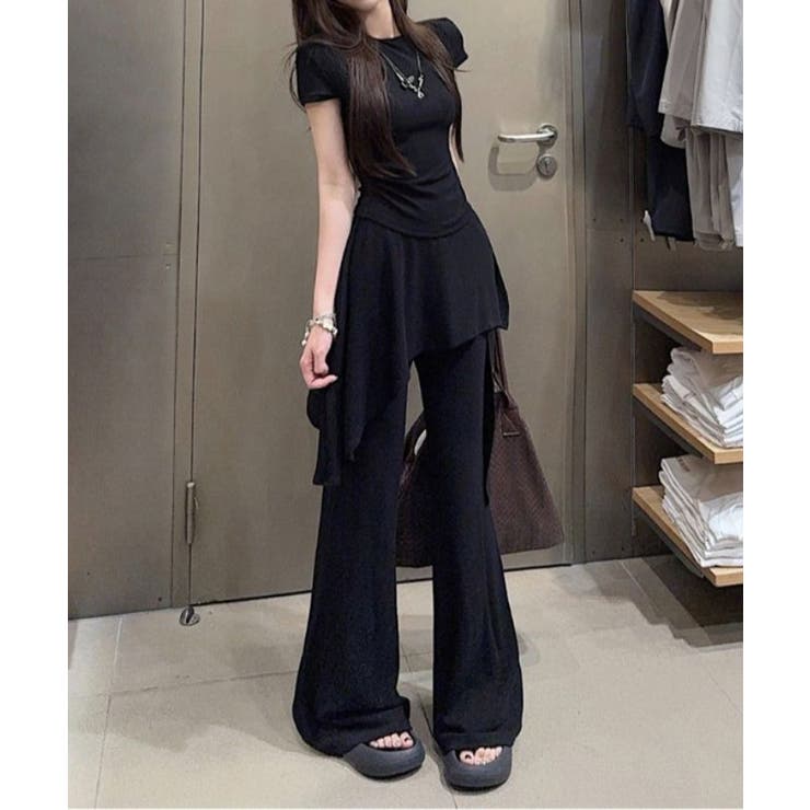 レディース大人可愛いセットアップ サイドギャザーtシャツ レイヤード風フレアパン… | SUNSHINE CLOSET | 詳細画像1 