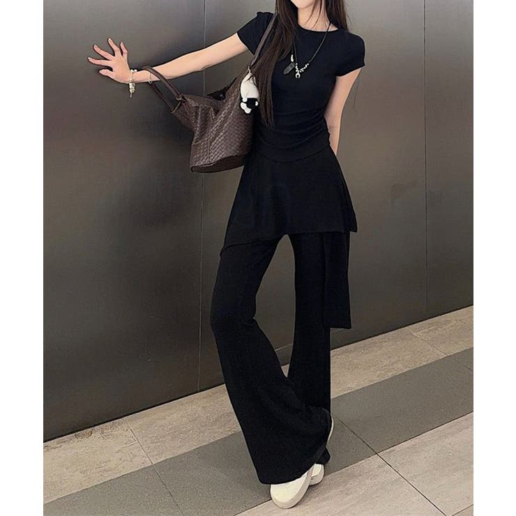 レディース大人可愛いセットアップ サイドギャザーtシャツ レイヤード風フレアパン… | SUNSHINE CLOSET | 詳細画像18 
